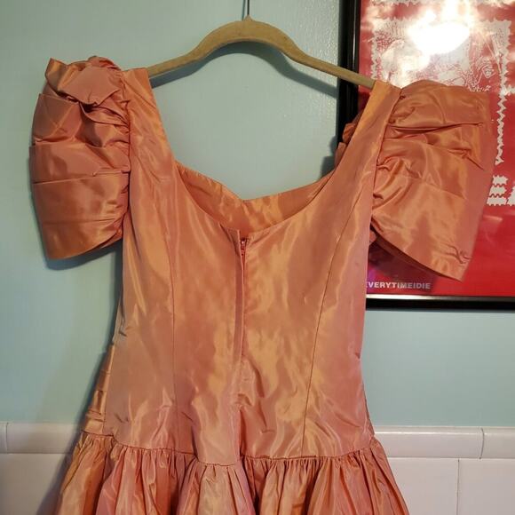 Vintage 80s Peach Ombre Poofy High Low Fit and Flare 3D Floret Prom Dress - Picture 9 of 13